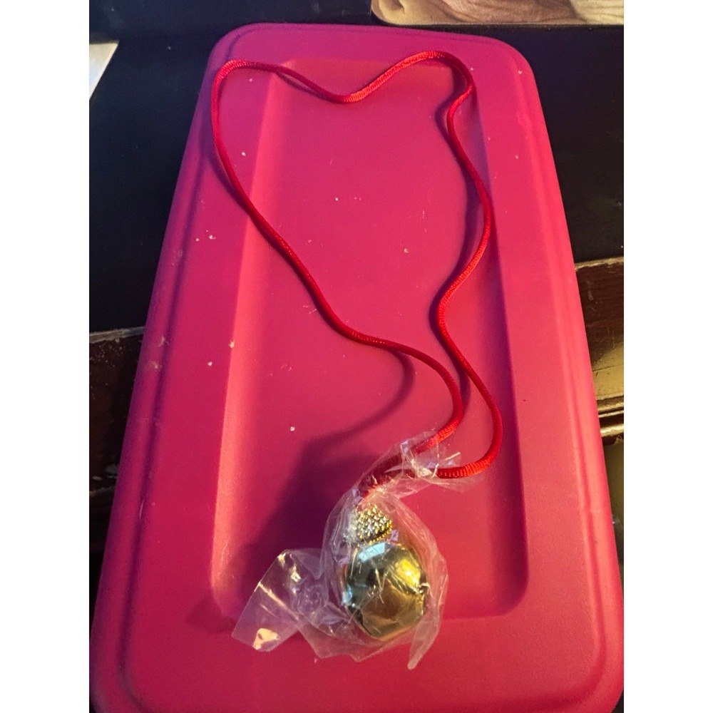 Large Gold Jingle Bell Christmas Necklace Holiday Ornament Pendant Red Cord